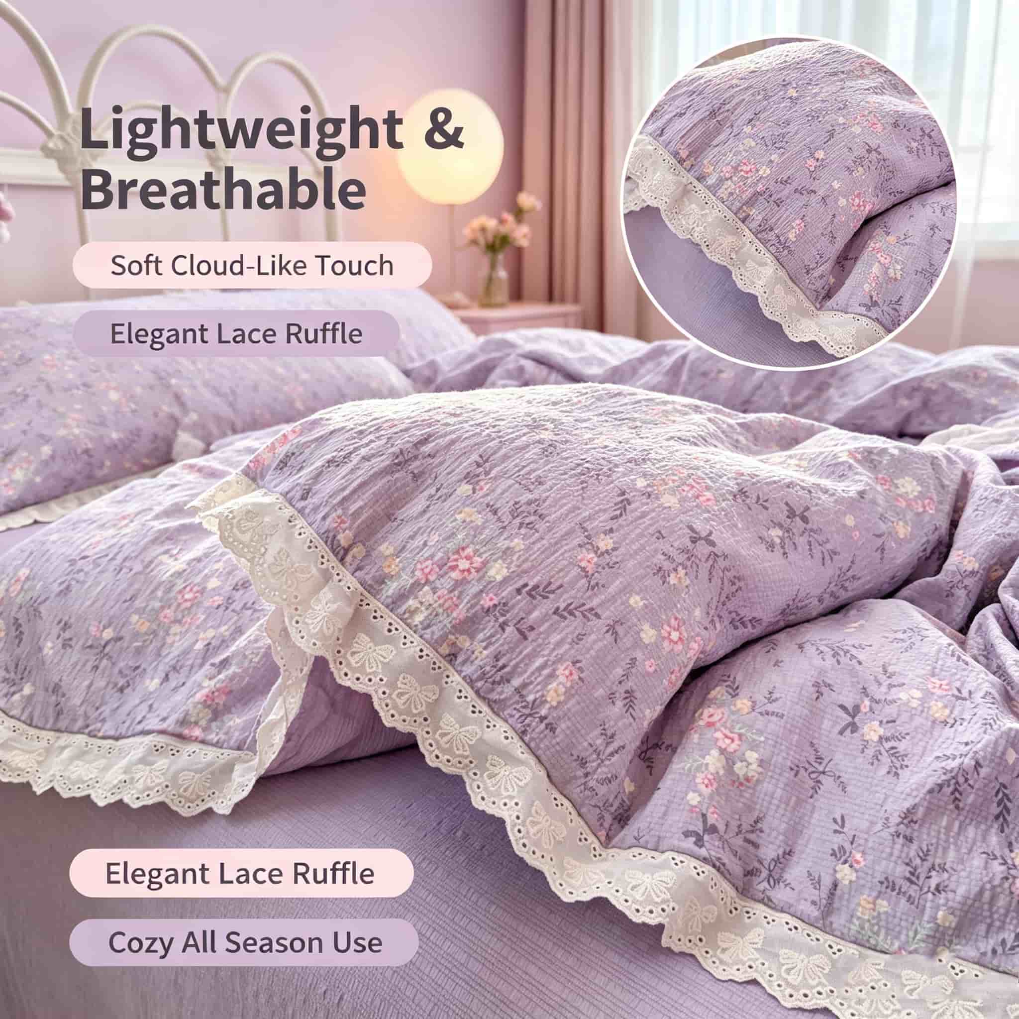Aesthetic Floral Duvet Cover - 美しいデザインのコテージコア風ベッドリネンセット。紫色の花柄レースの掛け布団カバー、ベッドリネンセットおよび関連商品、柔らかい素材の掛け布団セット。ティーンエイジャーの女の子に。