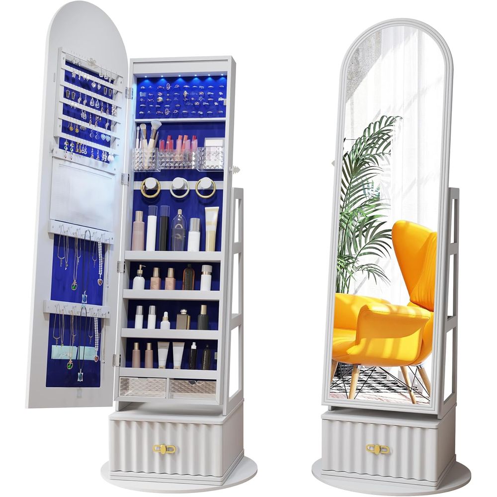 Storage & Organization - 63インチの全長ミラー付き収納キャビネット – ベルベットの裏地が付いた回転式、ロック可能なミラー付きアルモア、スタンディングオーガナイザーまたは女性用