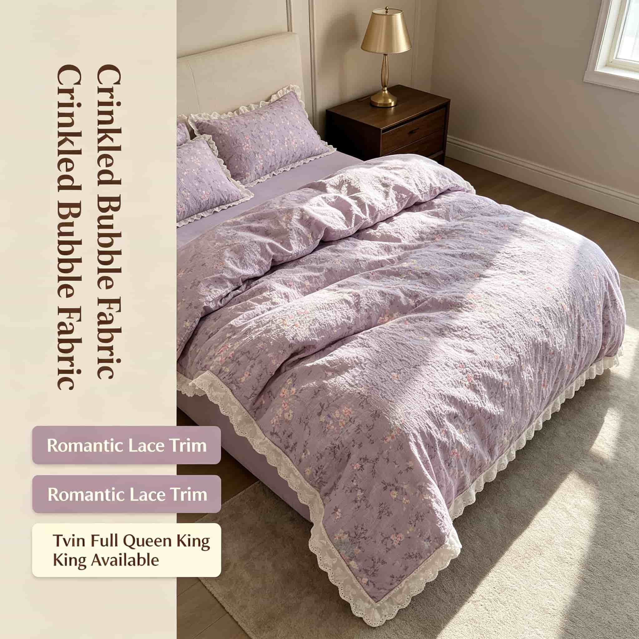 Aesthetic Floral Duvet Cover - フリルとレースがあしらわれた花柄のベッドリネンセット、紫色のシワ加工生地の掛け布団カバー、可愛らしいベッドリネンセット、おしゃれな掛け布団セット。