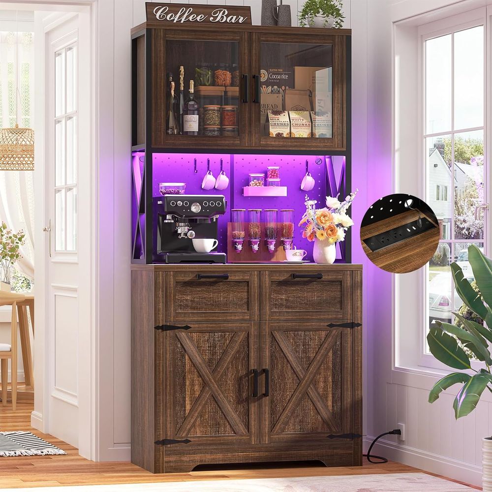 Storage & Organization - 71インチキッチンパントリーキャビネット（LEDライト＆コンセント付き、電子レンジスタンド） | ウェザードブラウン、DIYペグボードパネル、収納デッキ、アジャスタ