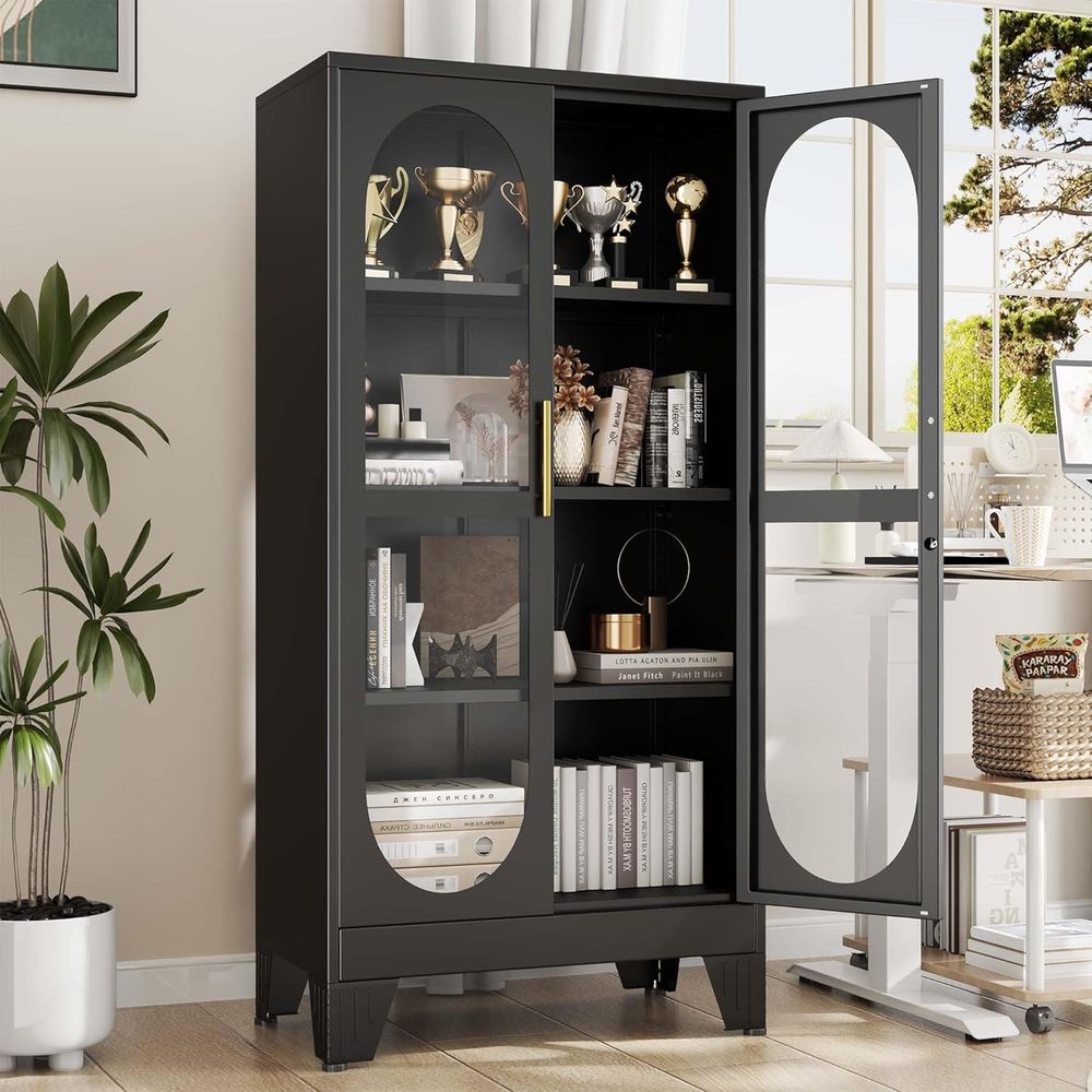 Storage & Organization - 61インチのガラス製ディスプレイキャビネット（ロック付き）、金属製ロック式酒類保管庫、3つの調節可能な棚、4段の背の高いキュリオキャビネットディスプレイ