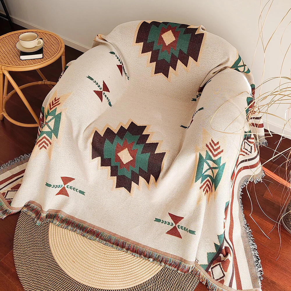 特大ボヘミアンアズテック柄ブランケット、フリンジ付き、南西部 - Boho Throw Blanket Fringe のレビューと価格