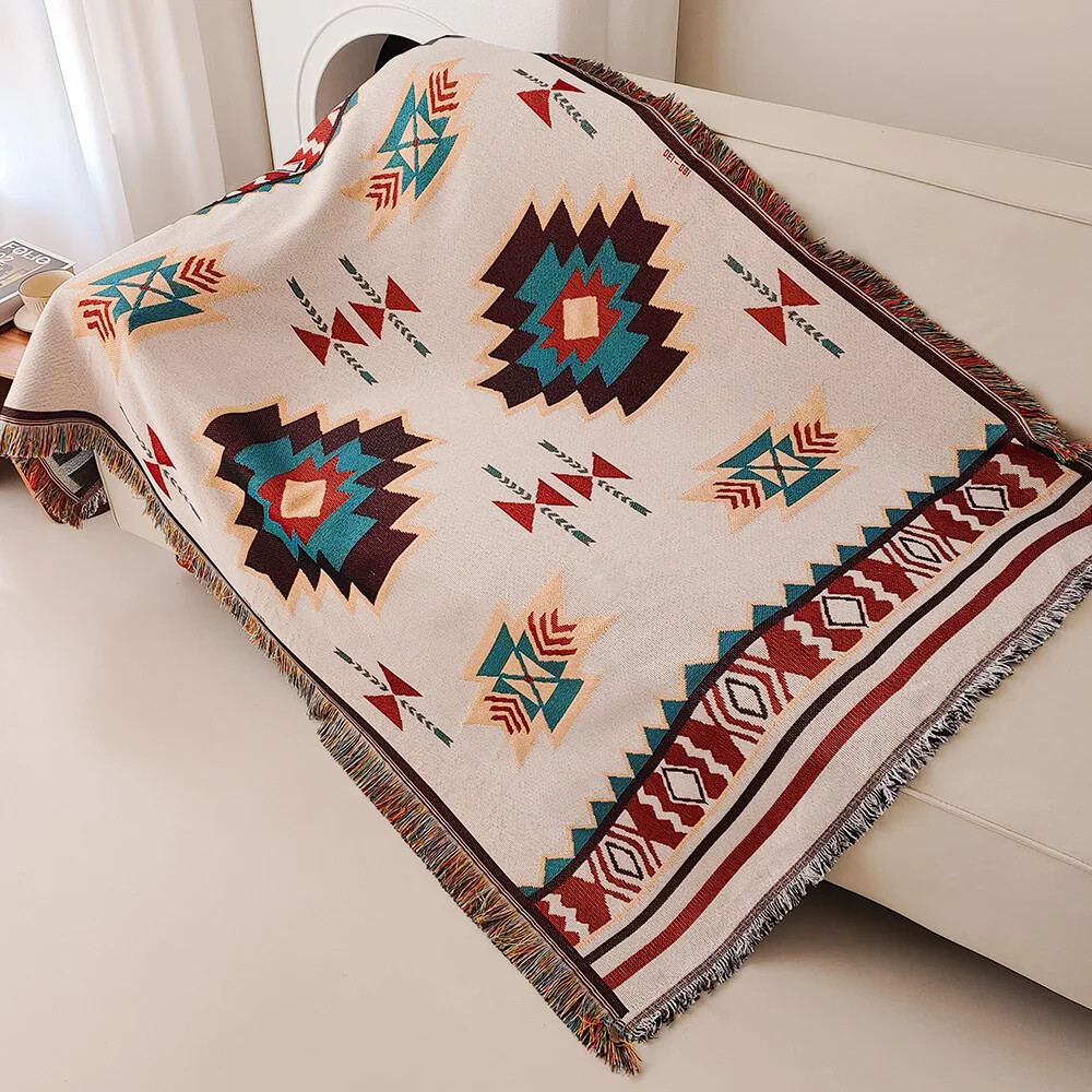 特大ボヘミアンアズテック柄ブランケット、フリンジ付き、南西部 - Boho Throw Blanket Fringe のレビューと価格