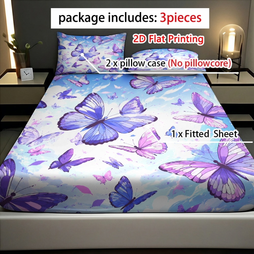 鮮やかな紫色の蝶と空のプリントが施されたフィットシーツと枕カ - Fitted Bed Sheets Deep Pocket のレビューと価格